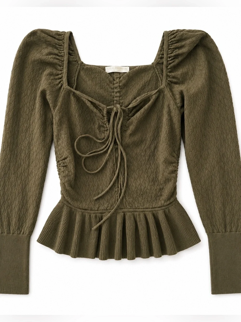 Ulla Johnson Leland Pointelle Olive Green Knit Peplum Top Petite XS/S